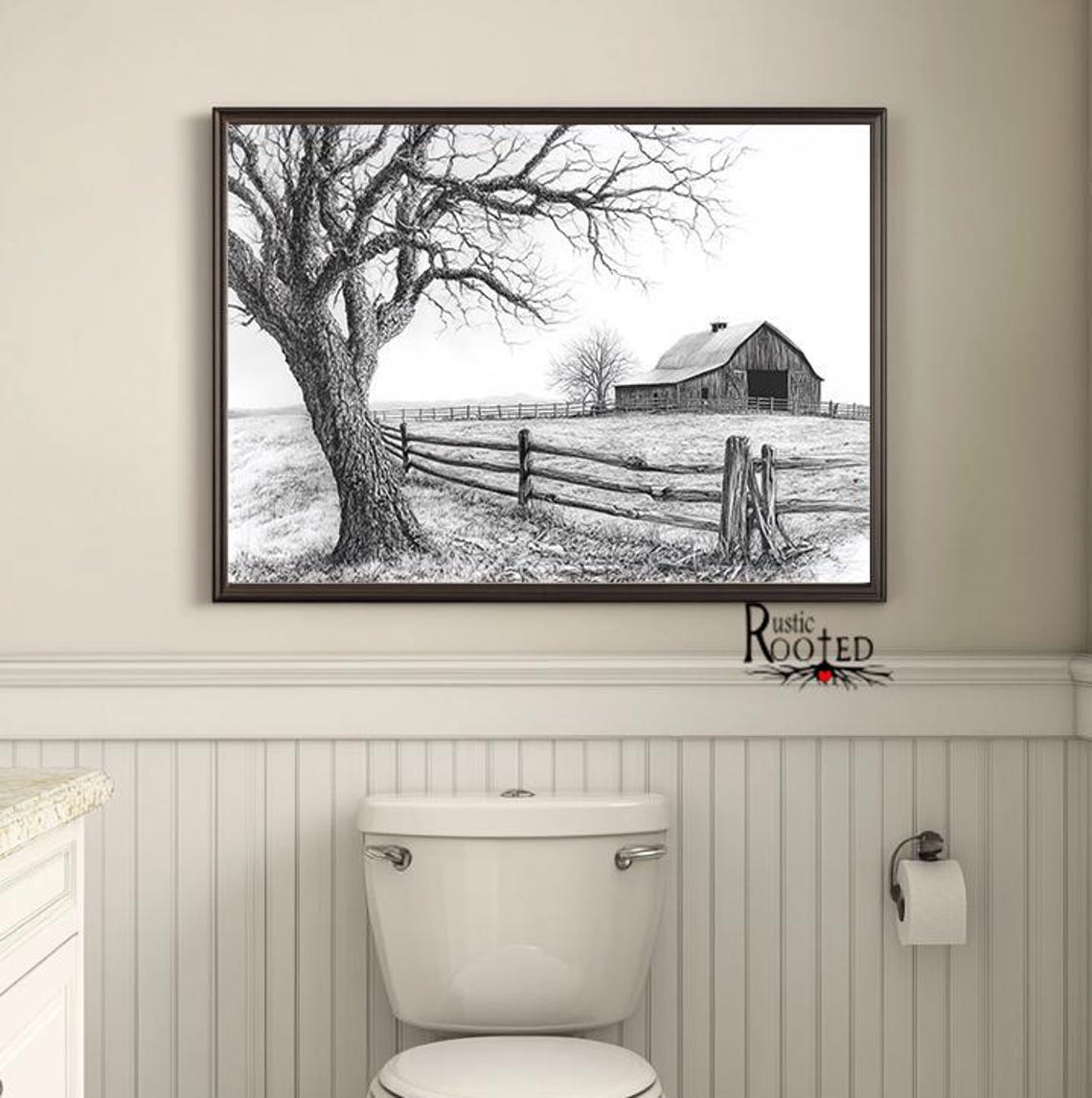 Charcoal Drawing of a Big Oak Tree Barn and Wooden Fence Poster - Image 4