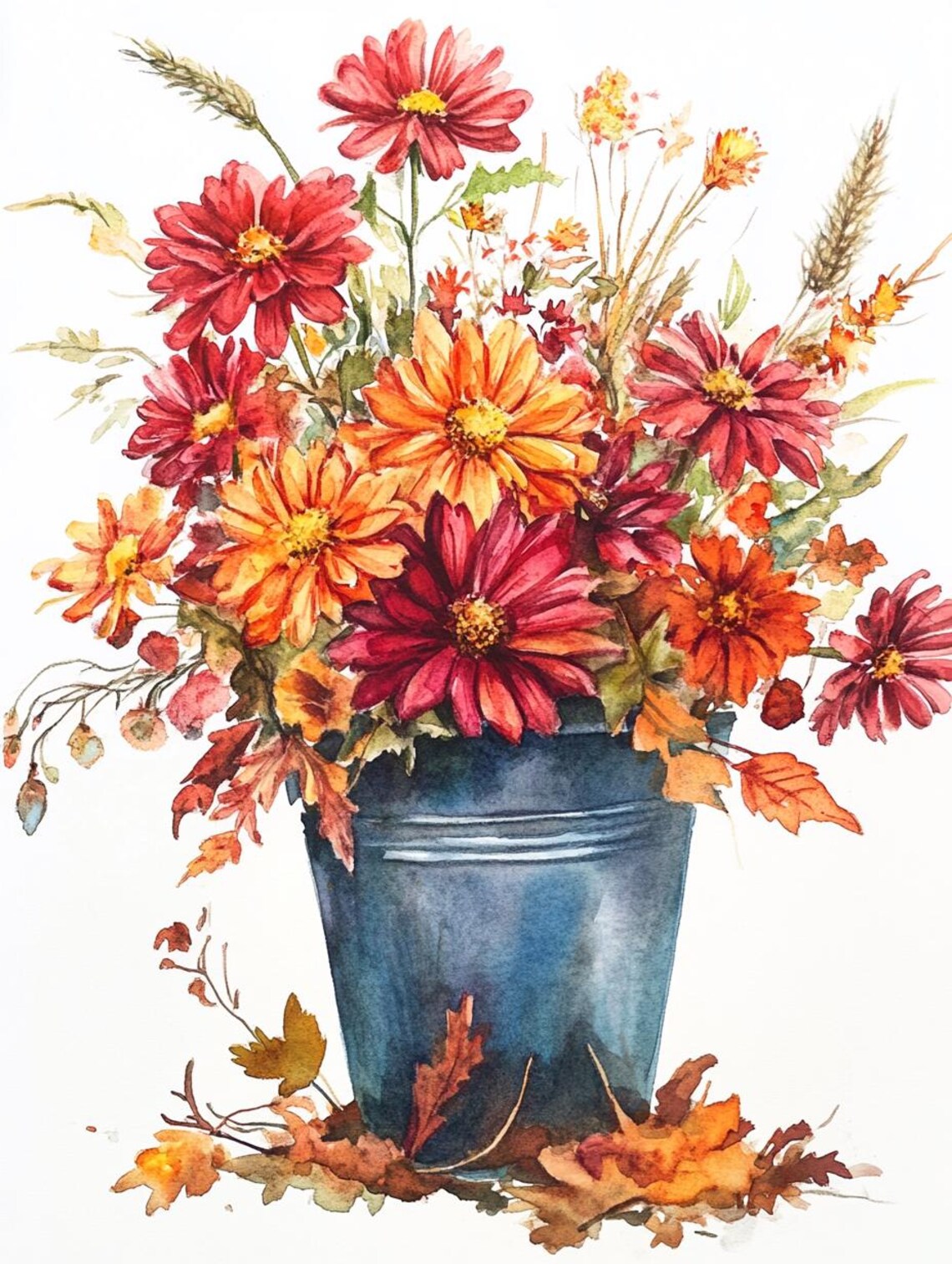 Watercolor Fall Flowers in a Blue Bucket Bouquet Painting Poster - Image 2