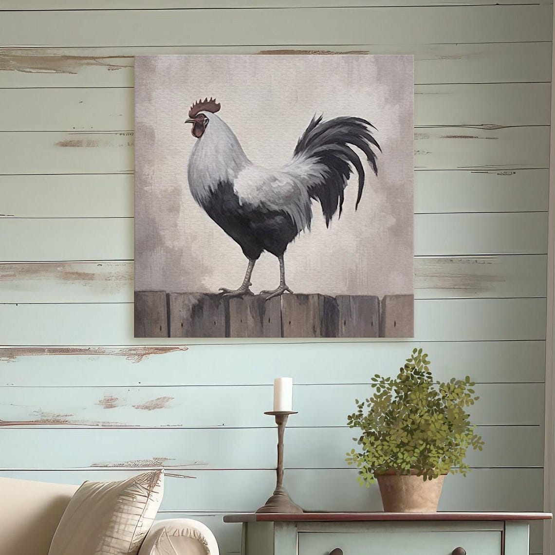 White and Black Rooster Standing on a Rustic Wooden Fence Poster - Image 4