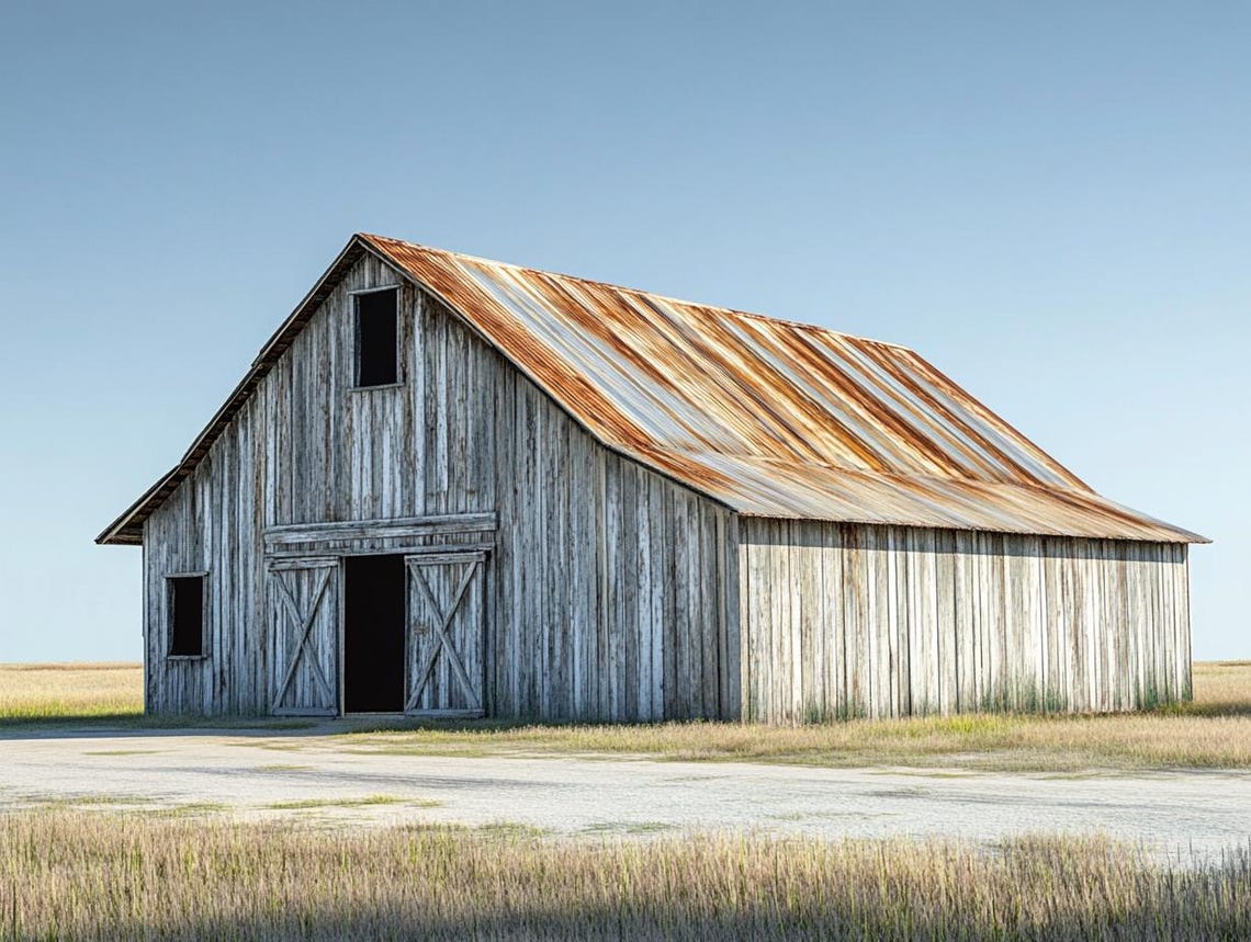 Weathered Barn with Rusty Tin Roof Under a Big Blue Sky Poster - Image 4