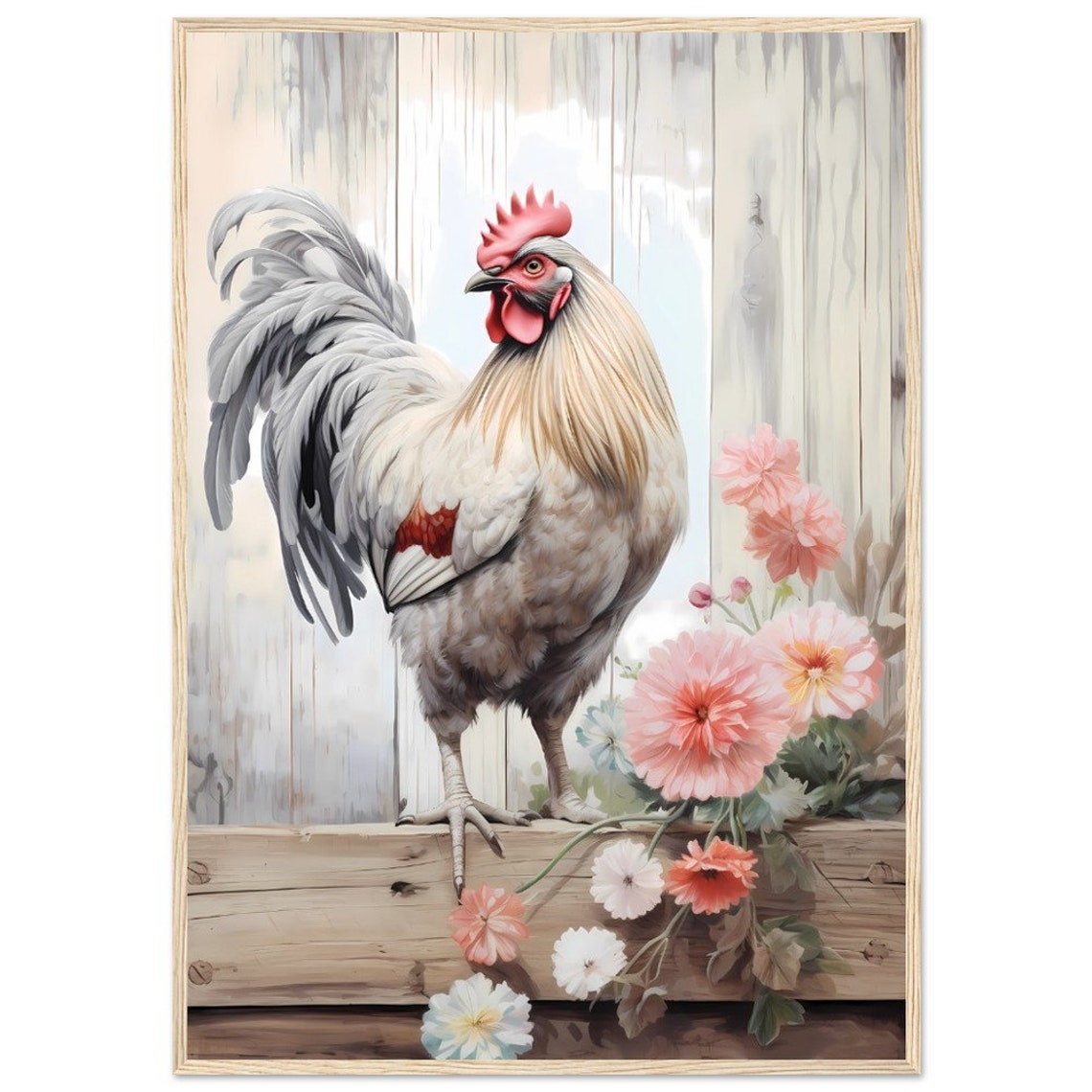 White Rooster With Pink Flowers On Rustic Farmhouse Ledge Poster - Image 2