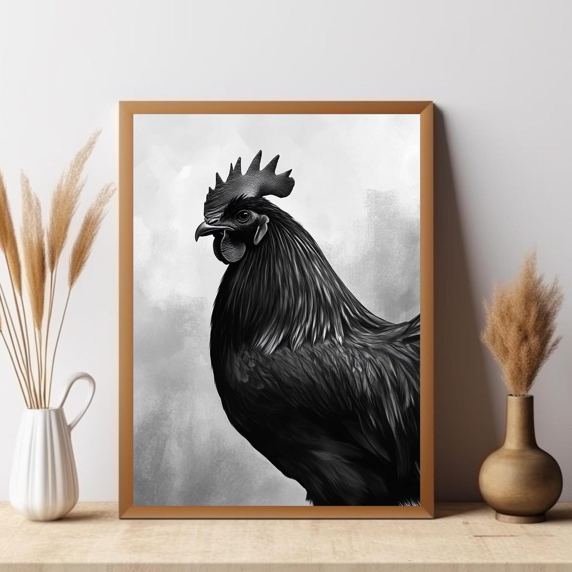 Black Rooster Portrait Painting on a Textured Gray Background Poster