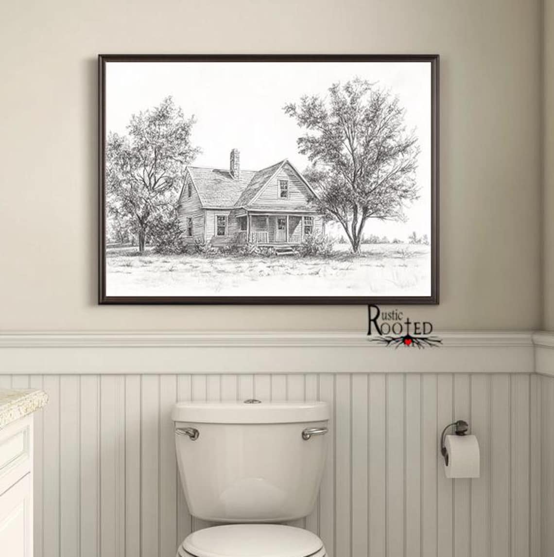 Black and White Country Farmhouse Pencil Sketch Vintage Wall Art - Image 2