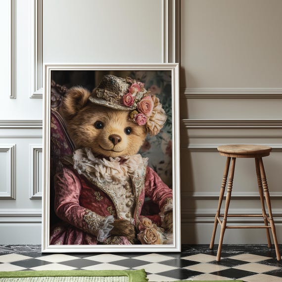 Sweet Teddy Bear In Embroidered Pink Dress Art Print