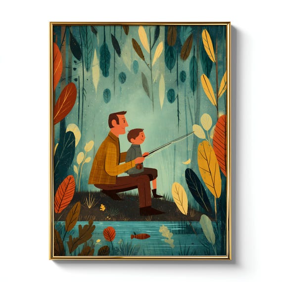 Father Son Fishing Illustration, Forest Inspired Art Print