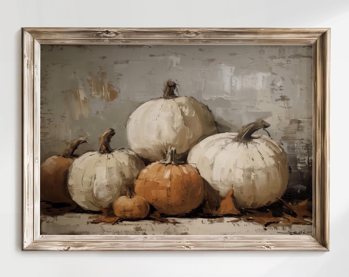 White Pumpkins Still Life Rustic Fall Oil Painting Vintage Art Print