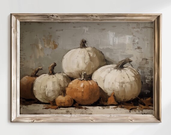 White Pumpkins Still Life Rustic Fall Oil Painting Vintage Art Print