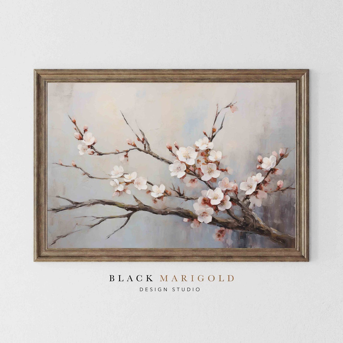 Delicate Cherry Blossom Branch on a Soft Pale Gray Wash Poster