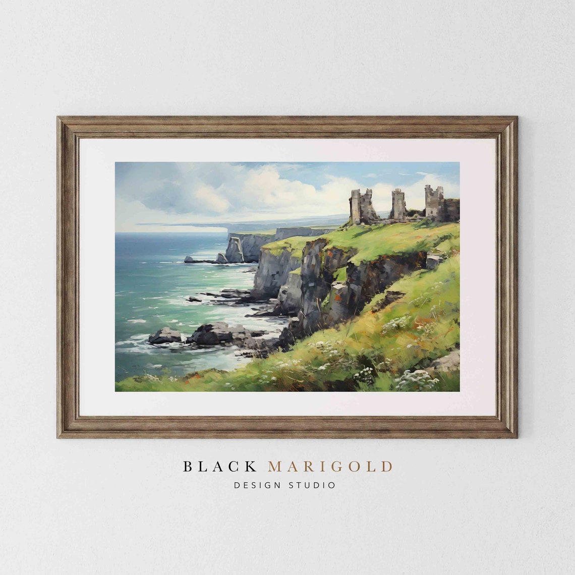 Ancient Castle Ruins on Green Coastal Cliffs Above the Sea Poster - Image 2