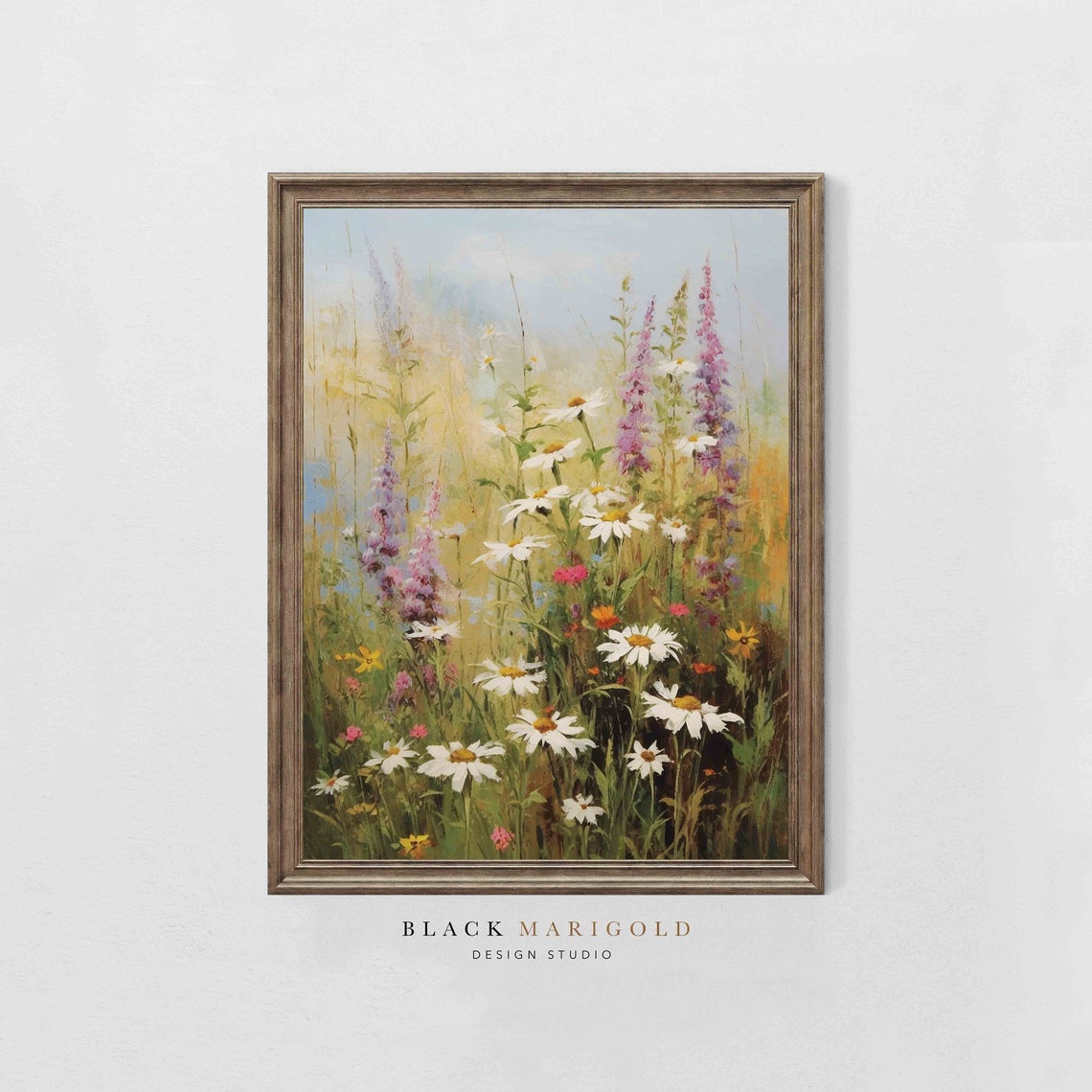 Spring Wildflower Meadow Daisies Lavender Vintage Oil Poster
