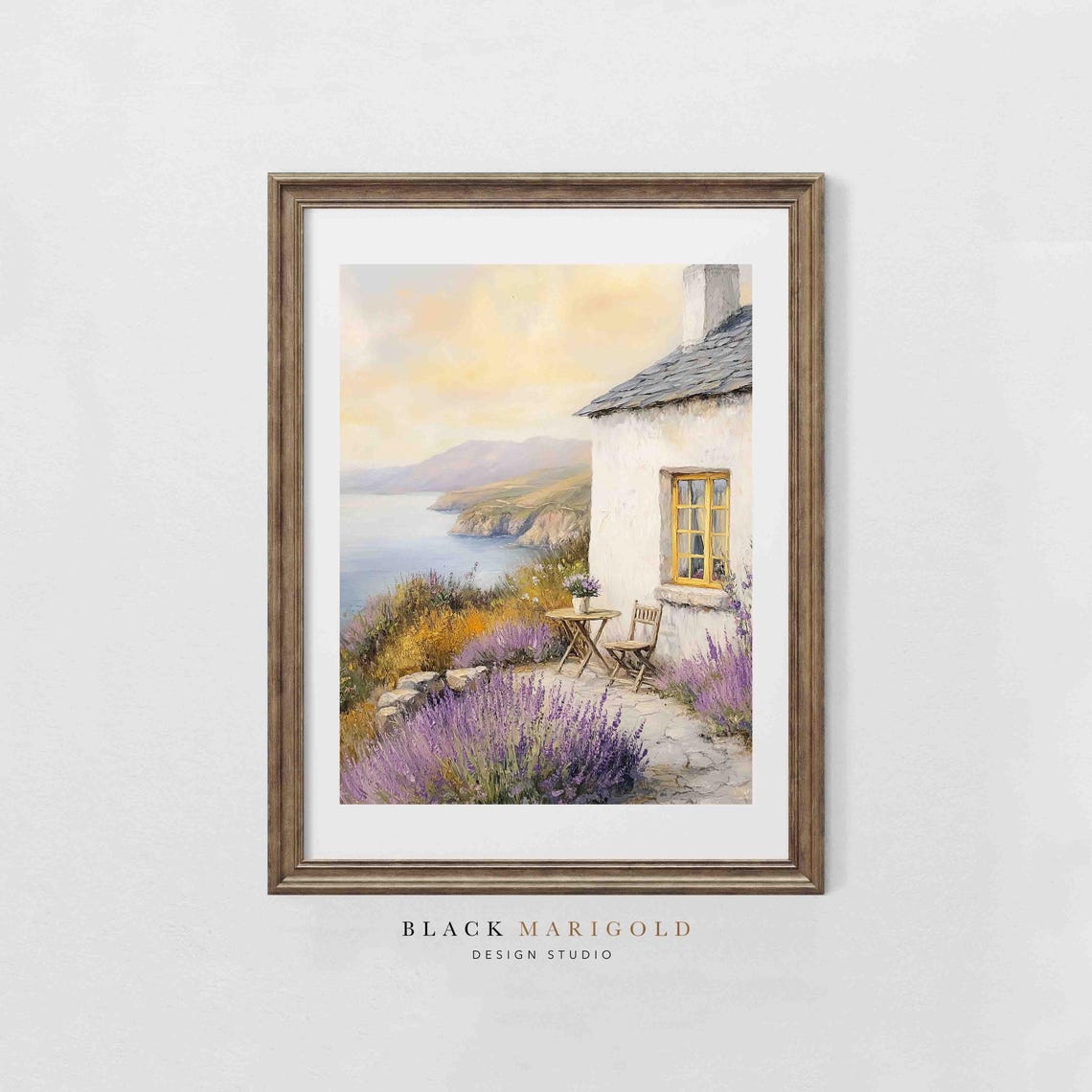White Cottage With Lavender Fields and Sea View Vintage Poster