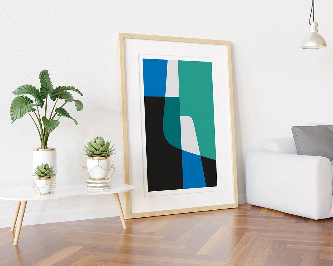 Teal Blue and Black Abstract Geometric Shapes Minimalist Poster - Image 3