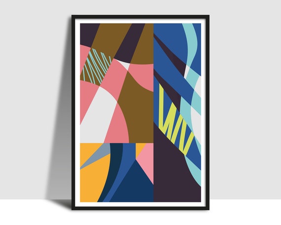 Printable Abstract Collage Wall Art Botanical Art Poster Bright Bold Leaves Petals Patterns Pink Yellow Bronze Blue