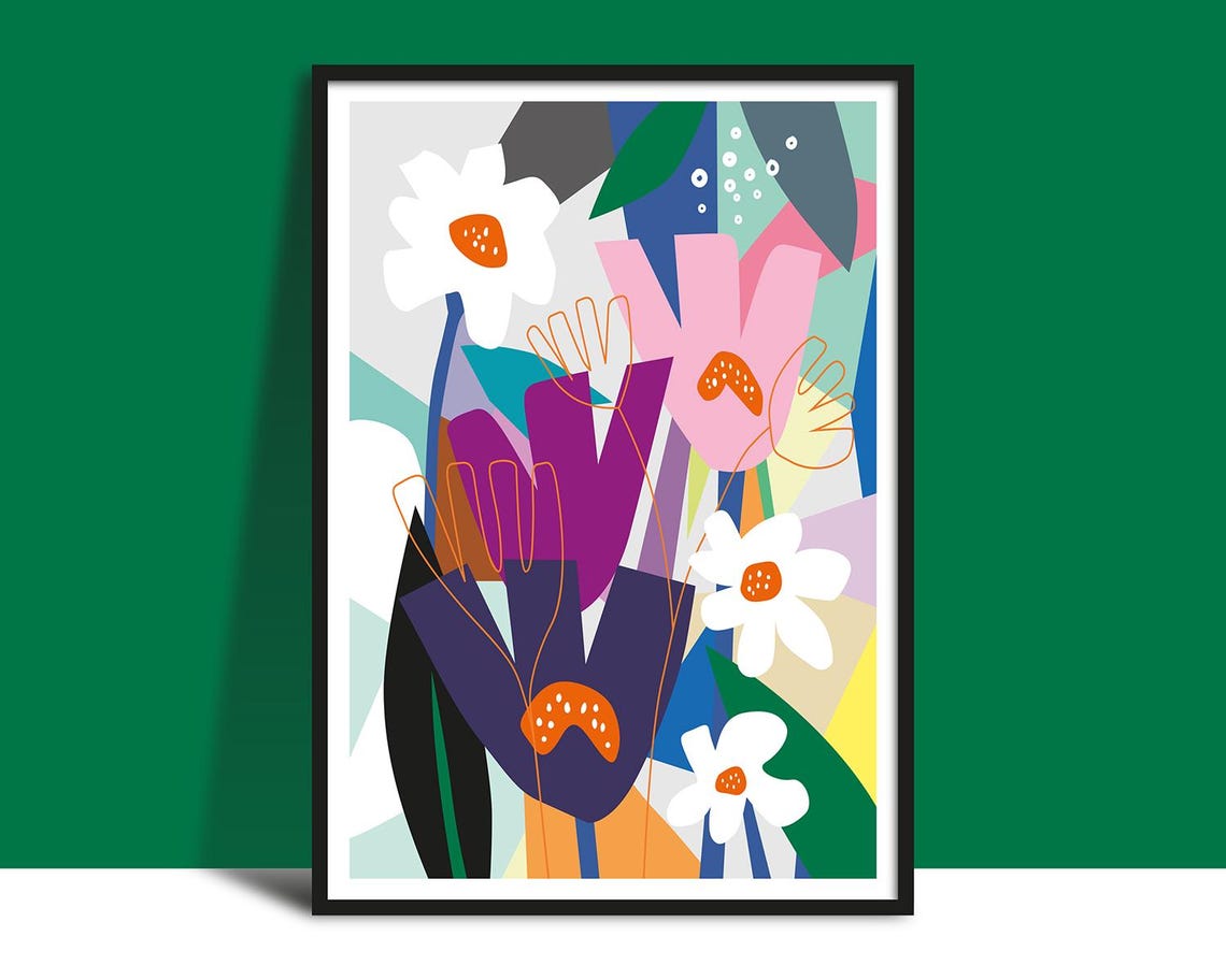 Abstract Floral Collage with White Daisies and Orange Centers Poster