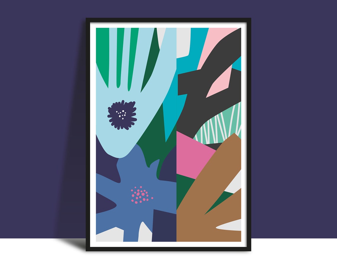Blue Flower Tropical Leaves Bold Summer Garden Collage Poster