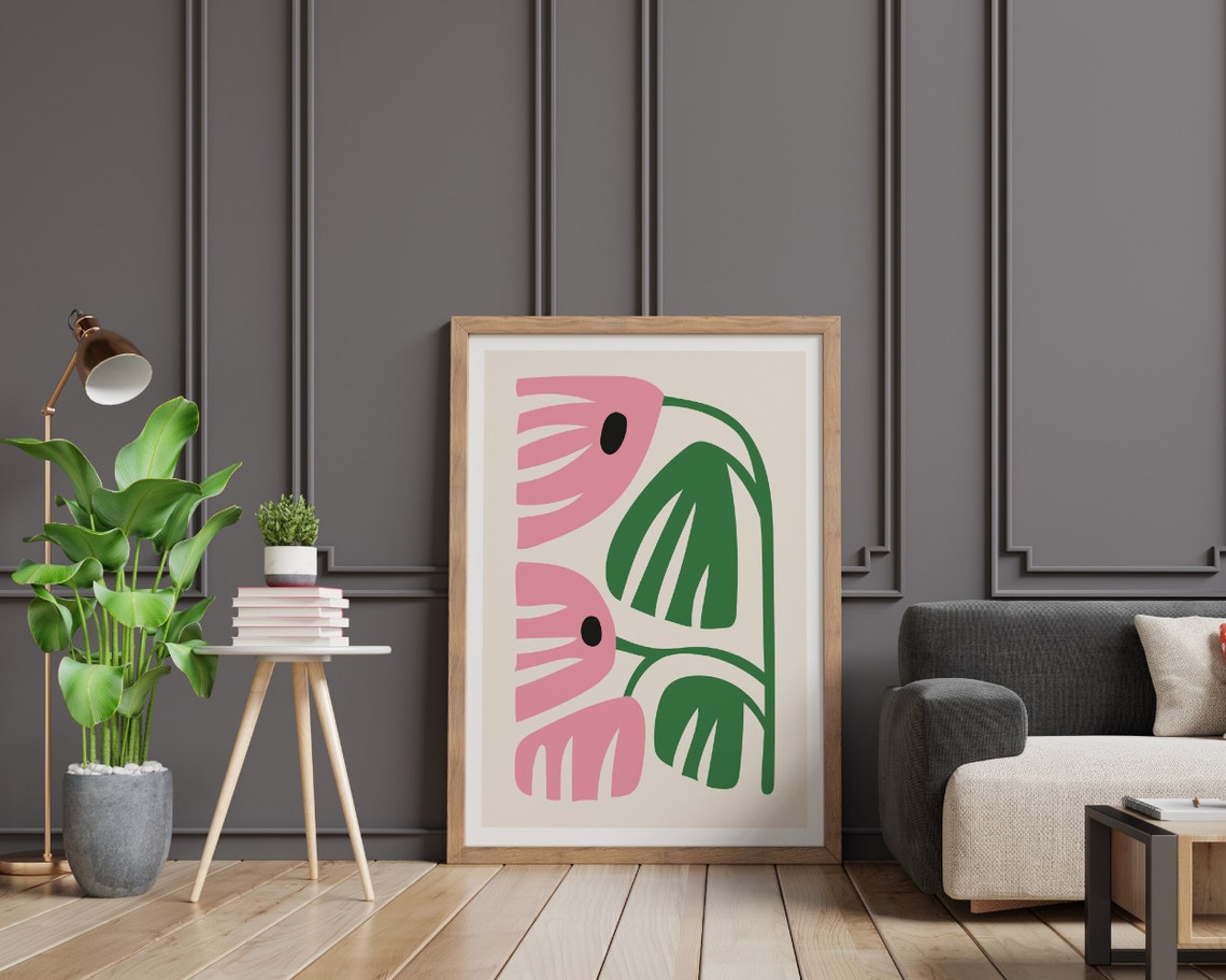 Minimalist Pink Flowers and Green Leaves on Cream Art Poster - Image 2