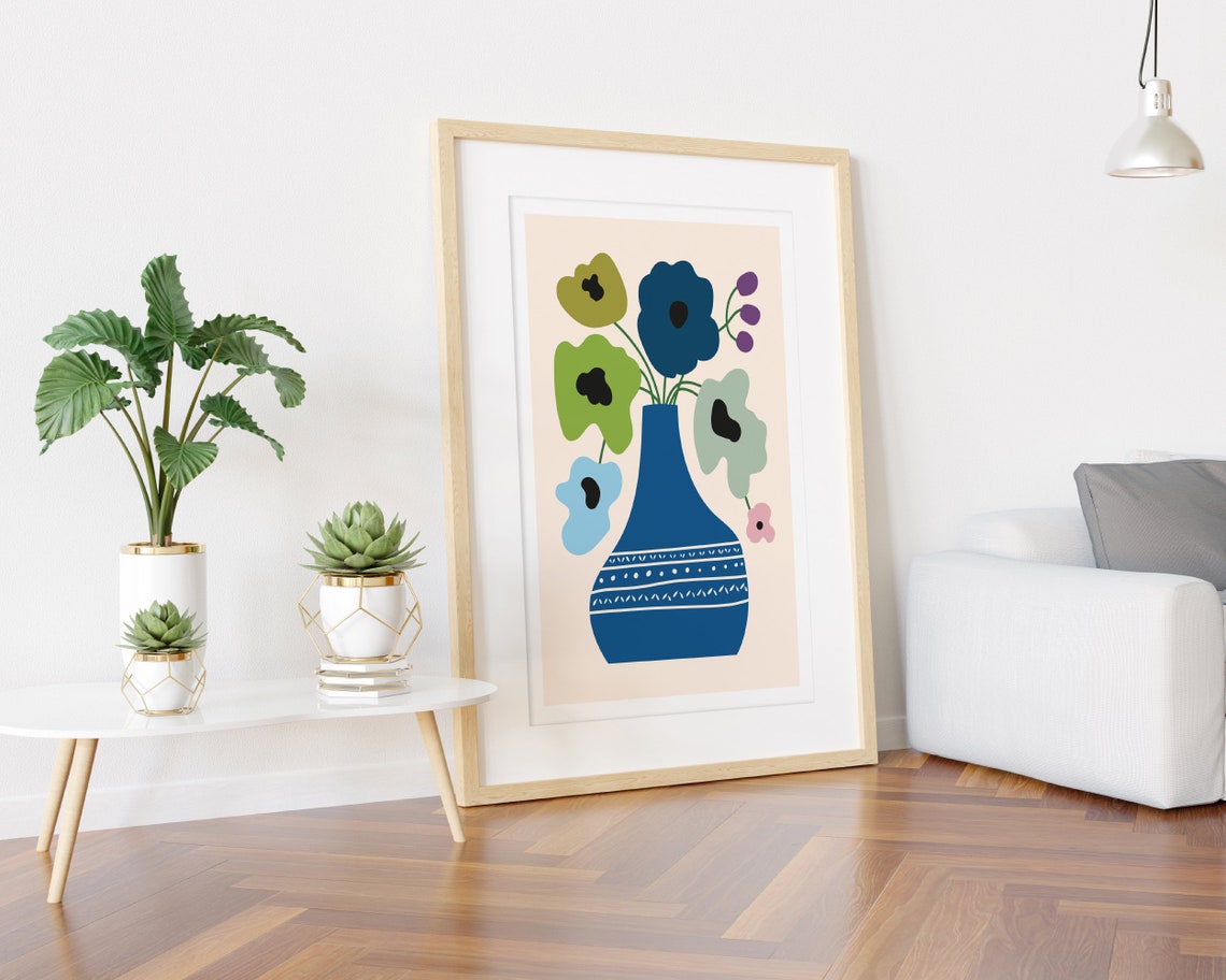 Blue Vase With Green and Blue Flowers Minimal Floral Art Poster - Image 3