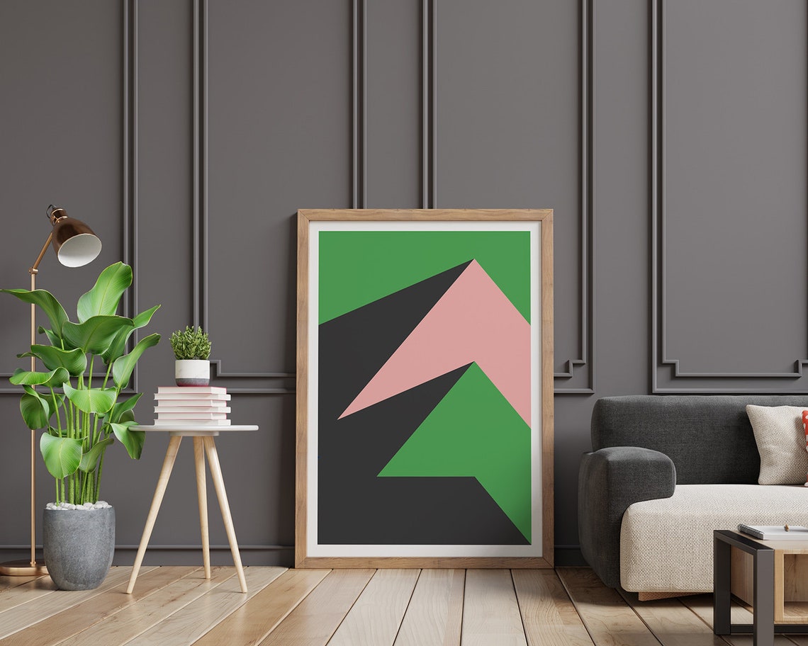 Zigzag Geometric Mountain Shapes in Green Pink Gray Art Poster - Image 2