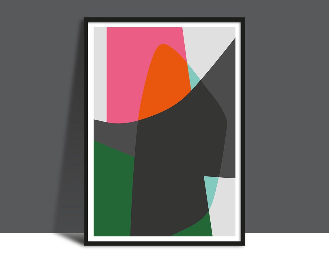 Pink Orange Green Charcoal Curved Geometric Shapes Abstract Print