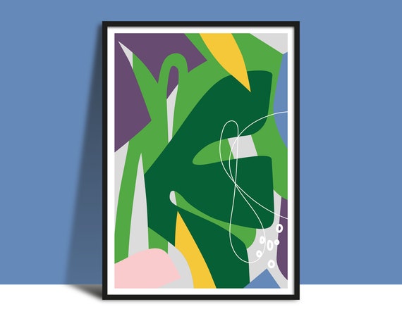 Printable Leaf Garden Collage Wall Art Botanical Art Poster Bright Bold Leaves Petals Patterns Green Yellow Purple Pink