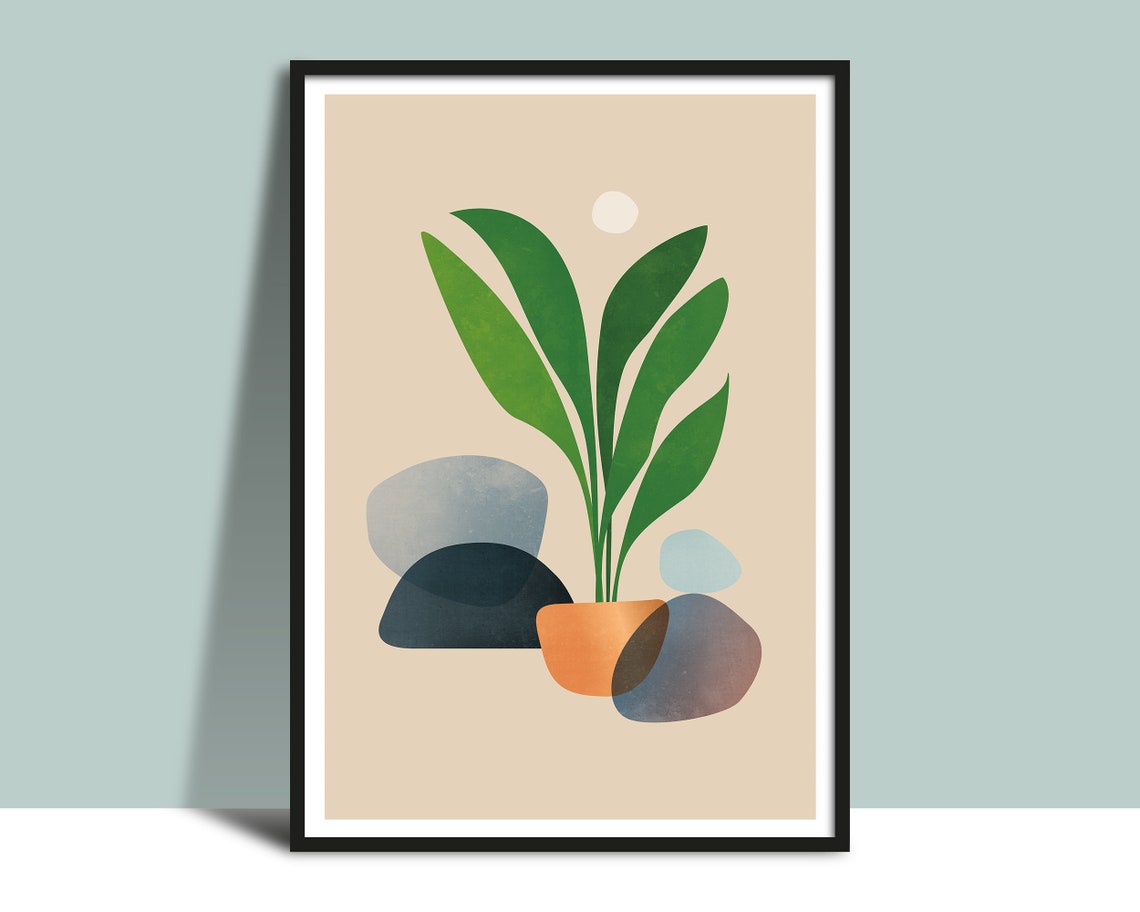 Copper Pot With Green Leaves And Stones Botanical Illustration Poster