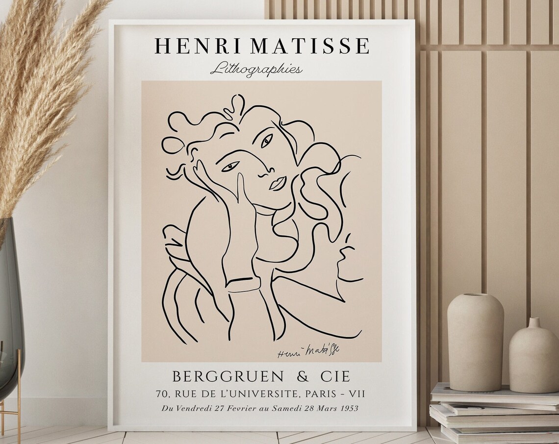 Henri Matisse Line Art Woman Face Beige Lithograph Style Poster