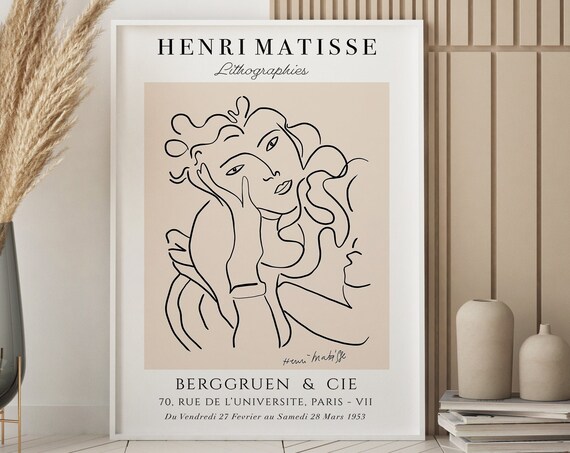 Henri Matisse Line Art Woman Face Beige Lithograph Style Poster