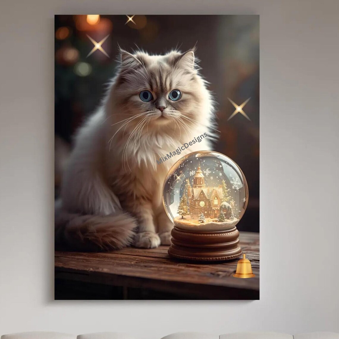 Fluffy Blue Eyed Kitten Christmas Snow Globe Holiday Wall Poster