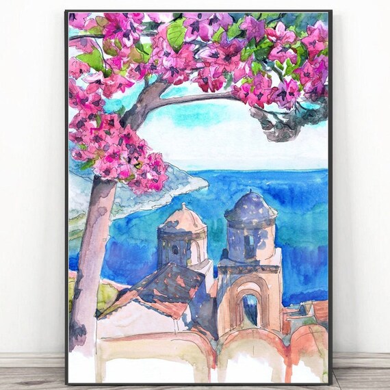 Amalfi Coast Italy Painting Watercolor Print Ravello Villa Rufolo Wall Art Europe Seascape