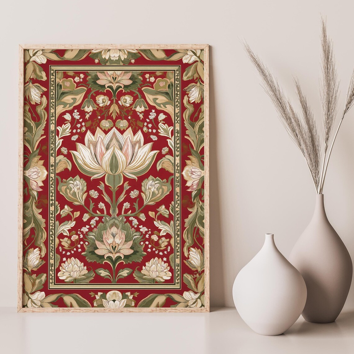 Vibrant Indian Lotus Blossom Deep Red Bohemian Botanical Wall Art
