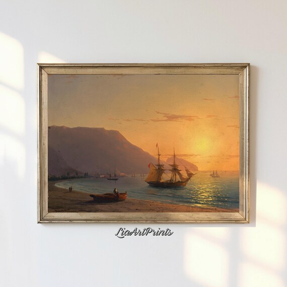 Golden Sunset with a Sailing Ship by Rocky Cliffs Vintage Nautical Print