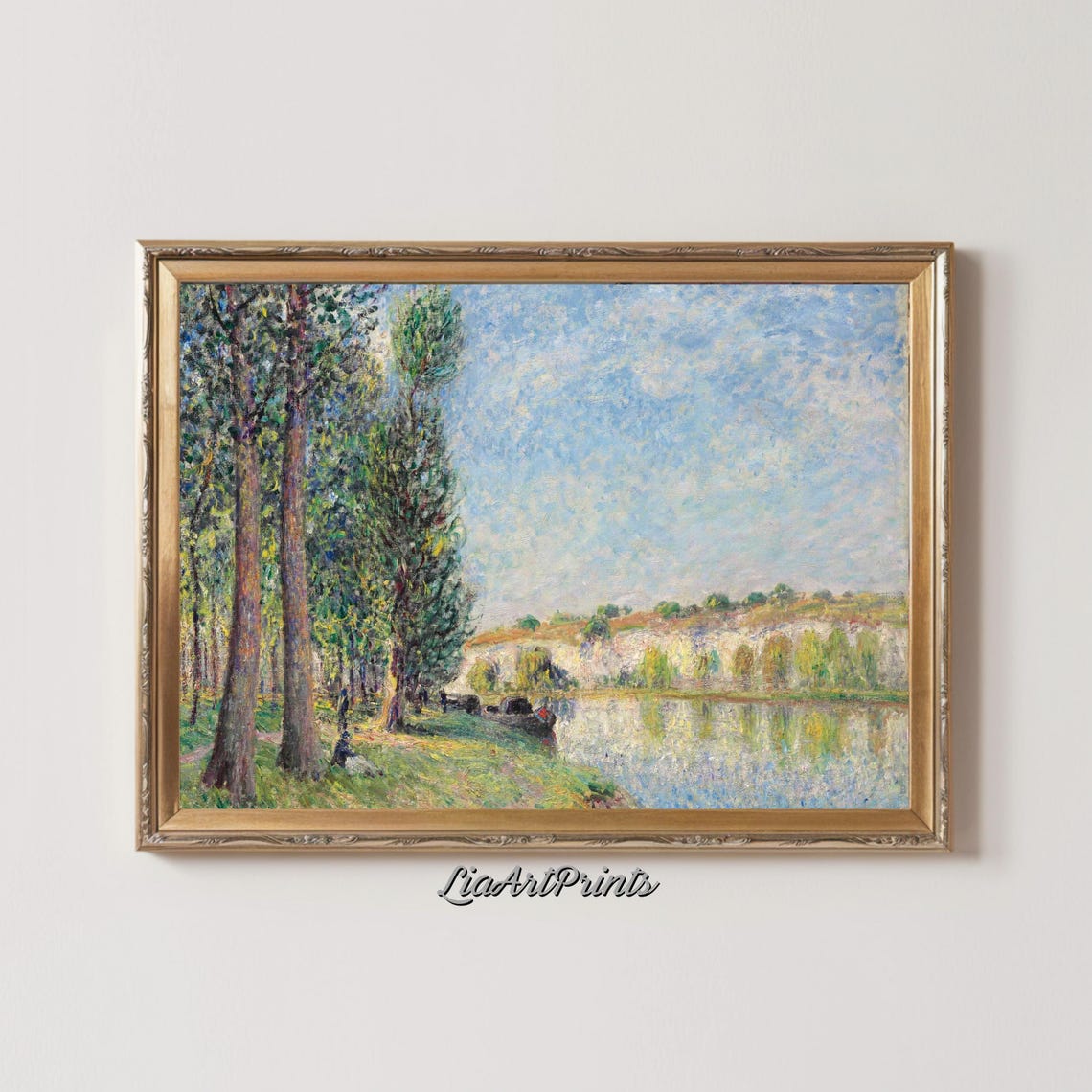Impressionist Tall Trees River Bank Quiet Boat Scene Landscape Poster - Image 3