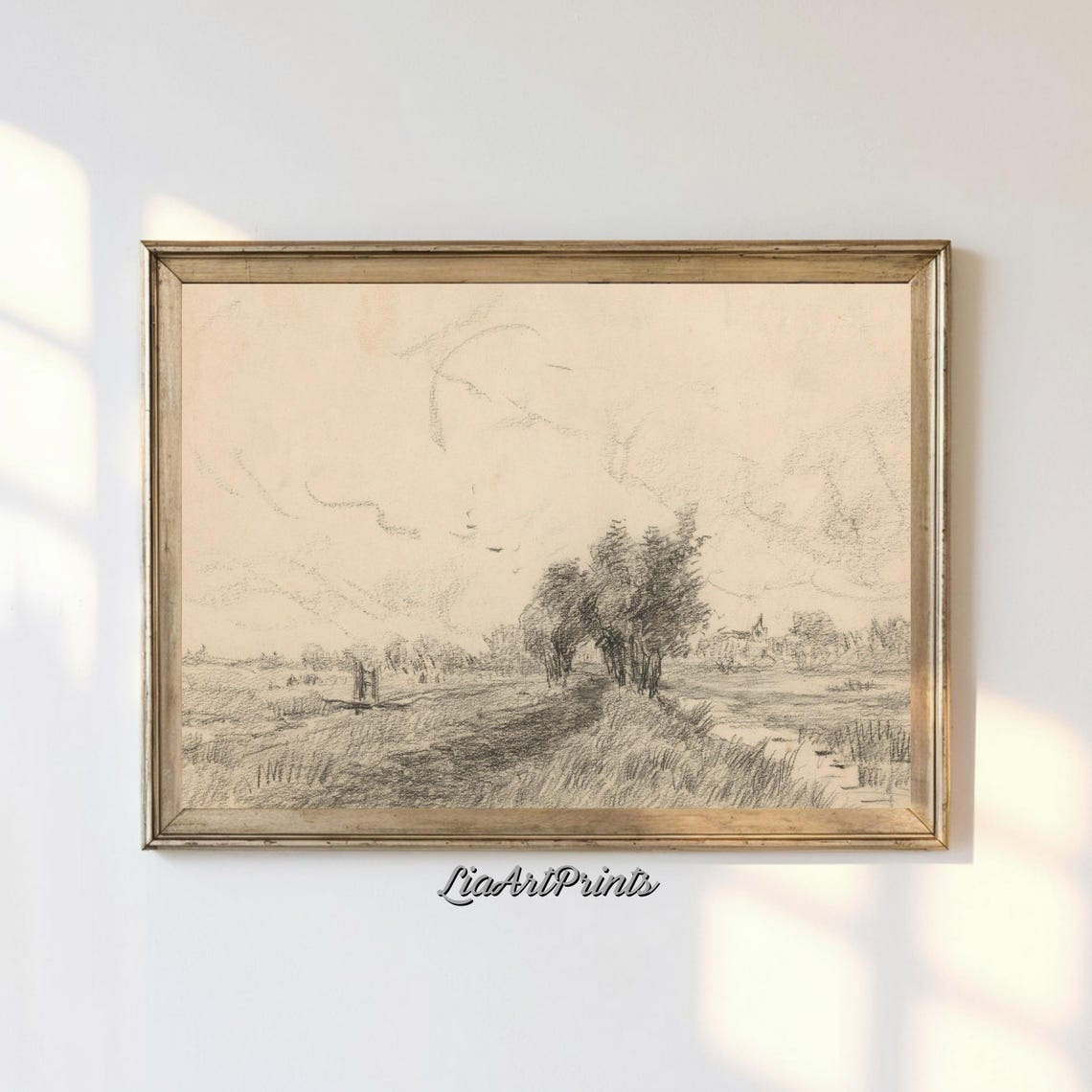 Charcoal Pencil Sketch Windswept Trees Along Path Minimalist Poster