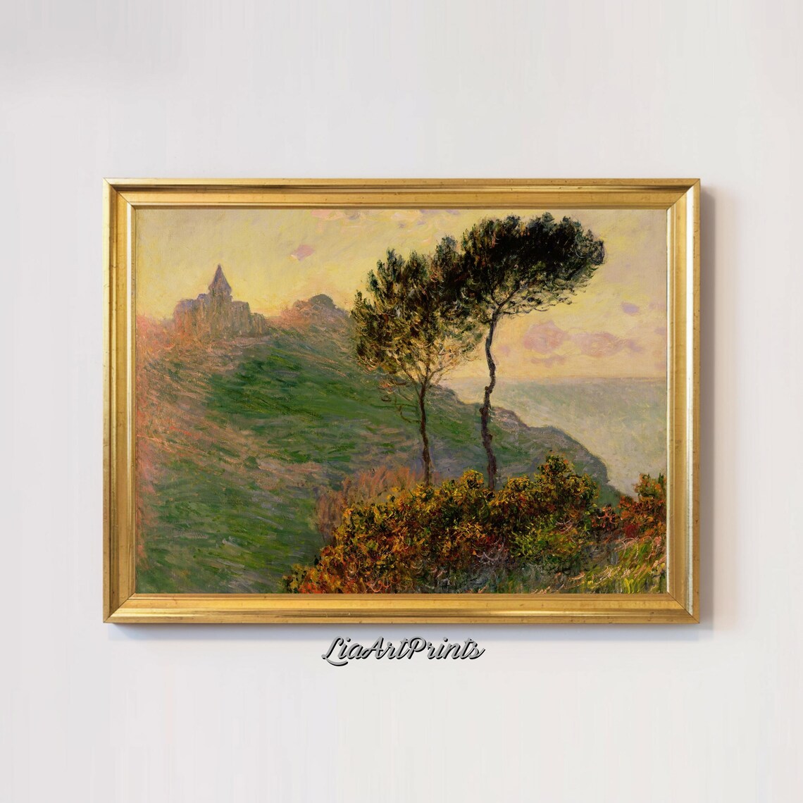 Claude Monet Church on Cliff at Sunset with Pine Trees Impressionist Poster - Image 3