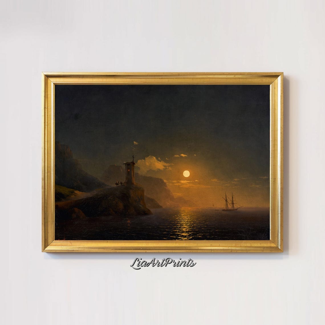 Moonlit Seascape Lighthouse Tower Sailing Ship Night Ocean Poster - Image 3