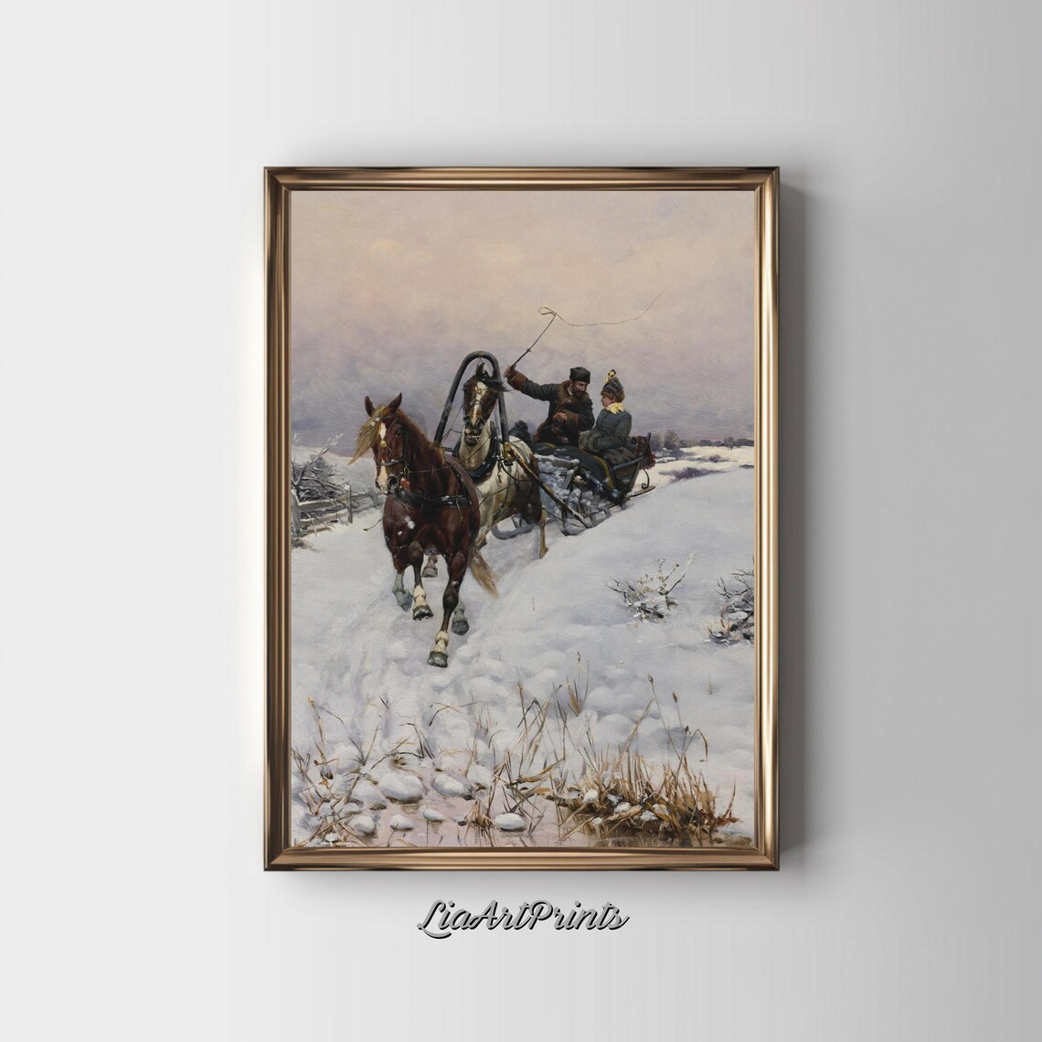 Winter Sleigh Ride Vintage Oil Painting with Troika and Horses in Snow Poster - Image 2