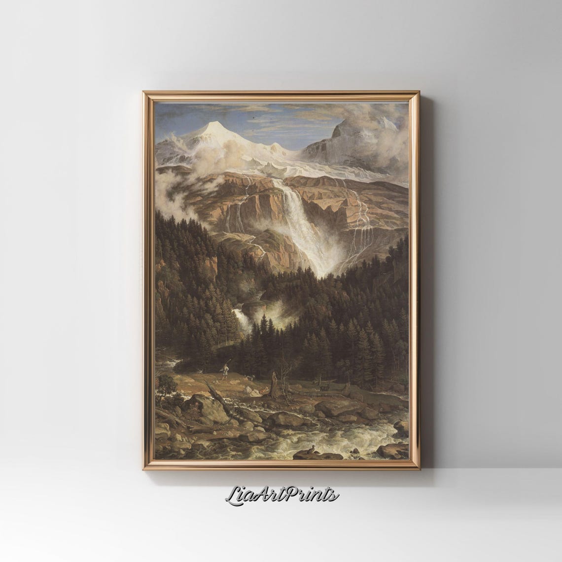 Alpine Waterfall Cascading Down Rocky Mountain Valley Art Poster - Image 2