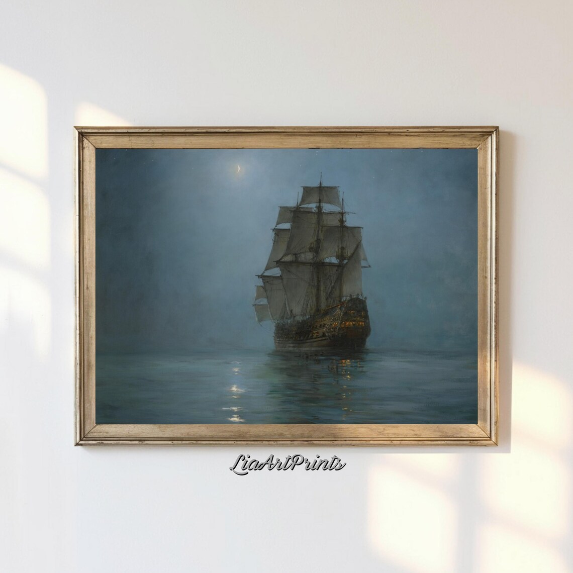 Majestic Ship Under Moonlight, Nautical Art Print
