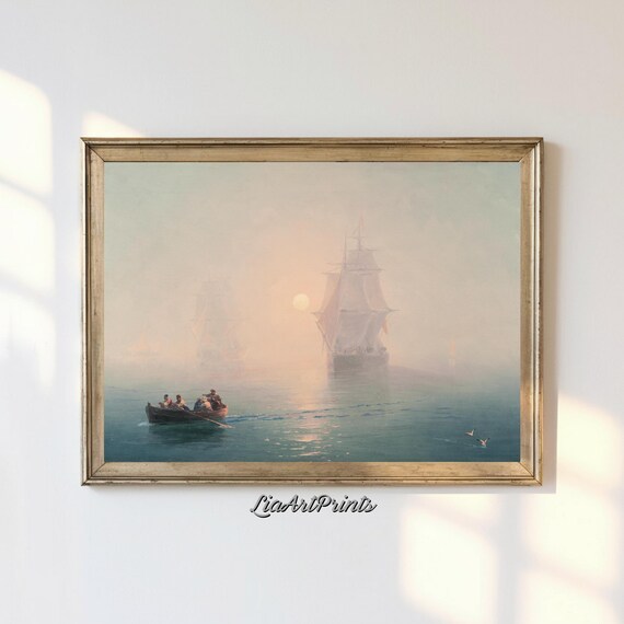Misty Morning Rowboat and Tall Sailing Ships at Sunrise Vintage Nautical Print