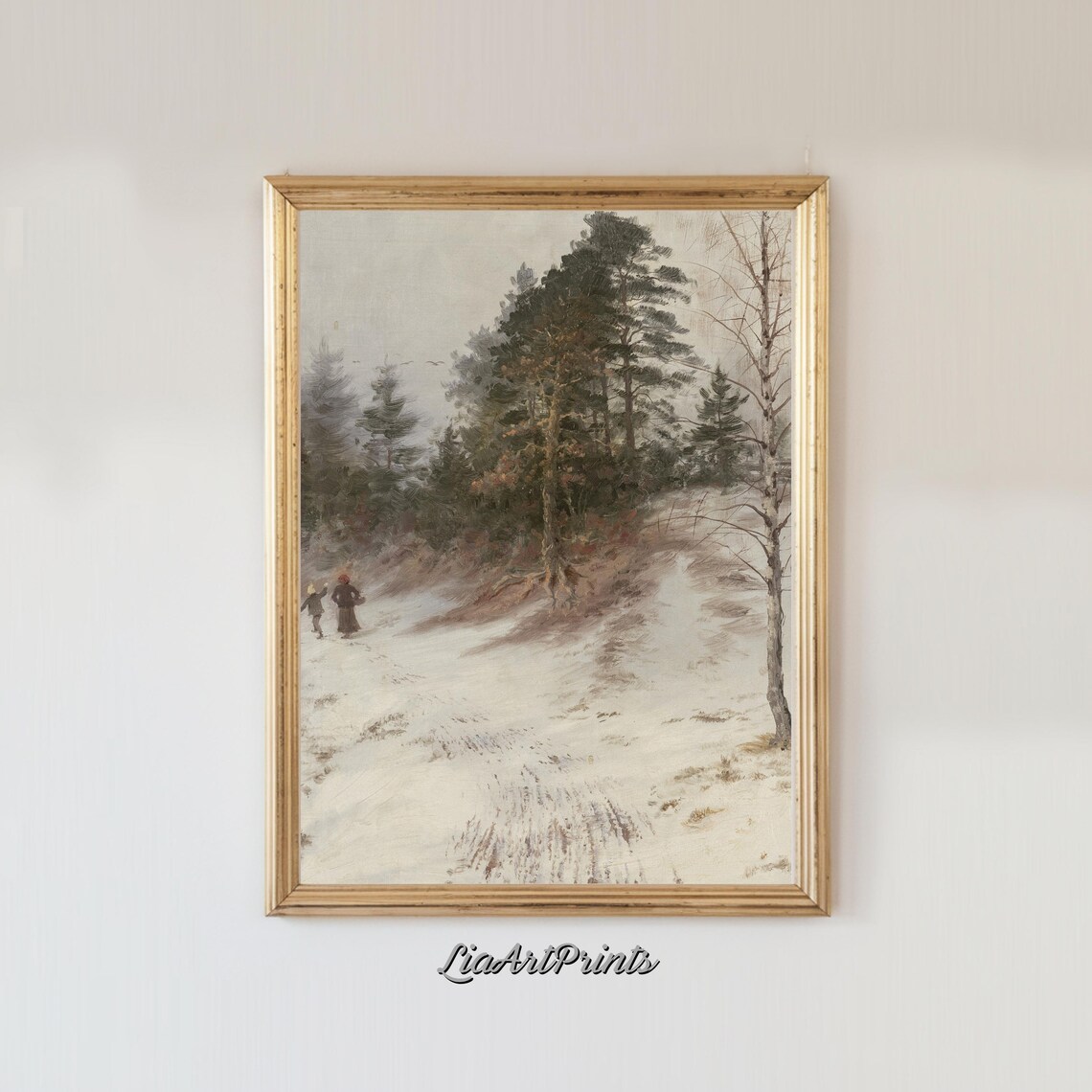 Winter Stroll Through a Snowy Forest with Two Figures Vintage Snow Print - Image 4