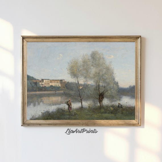 Tranquil Riverside Landscape Wall Art Serene Trees And Reflections Vintage Artwork For Home Decor