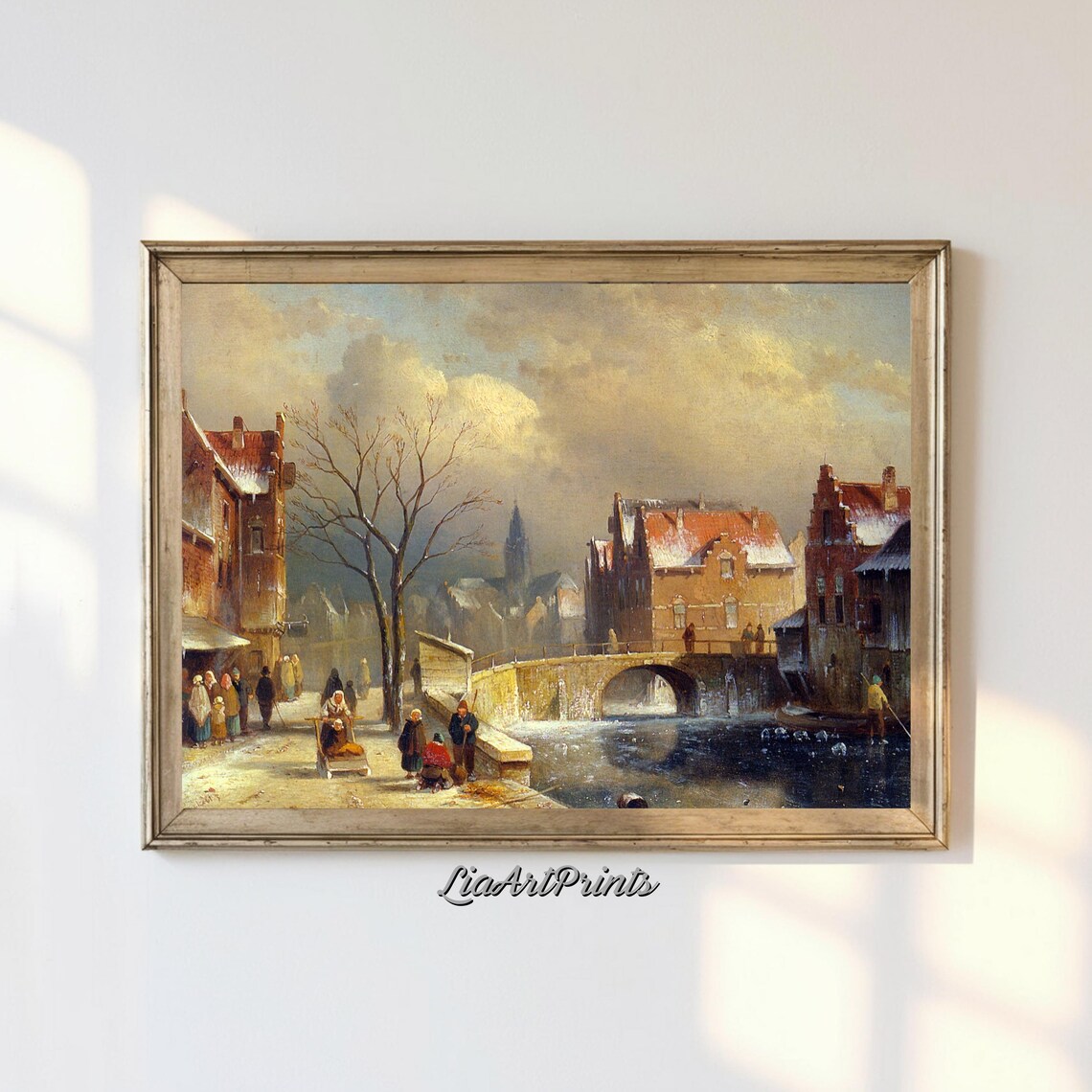 Snowy Winter Village Canal Bridge Charming Old Town Scene Poster