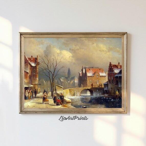 Snowy Winter Village Canal Bridge Charming Old Town Scene Poster