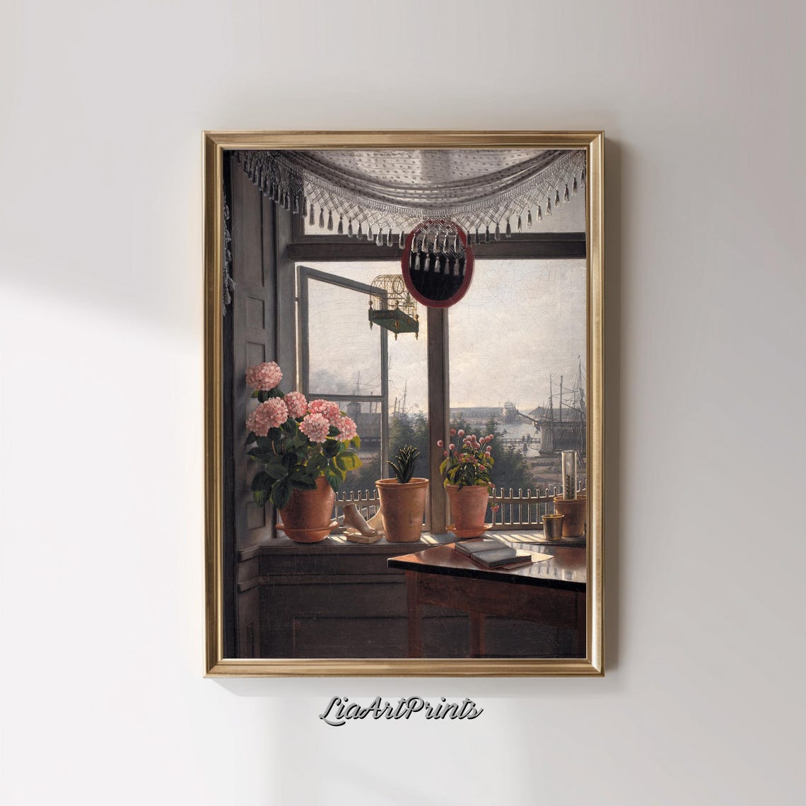 Artist Window Interior Hydrangeas Birdcage Harbor View Vintage Poster - Image 3