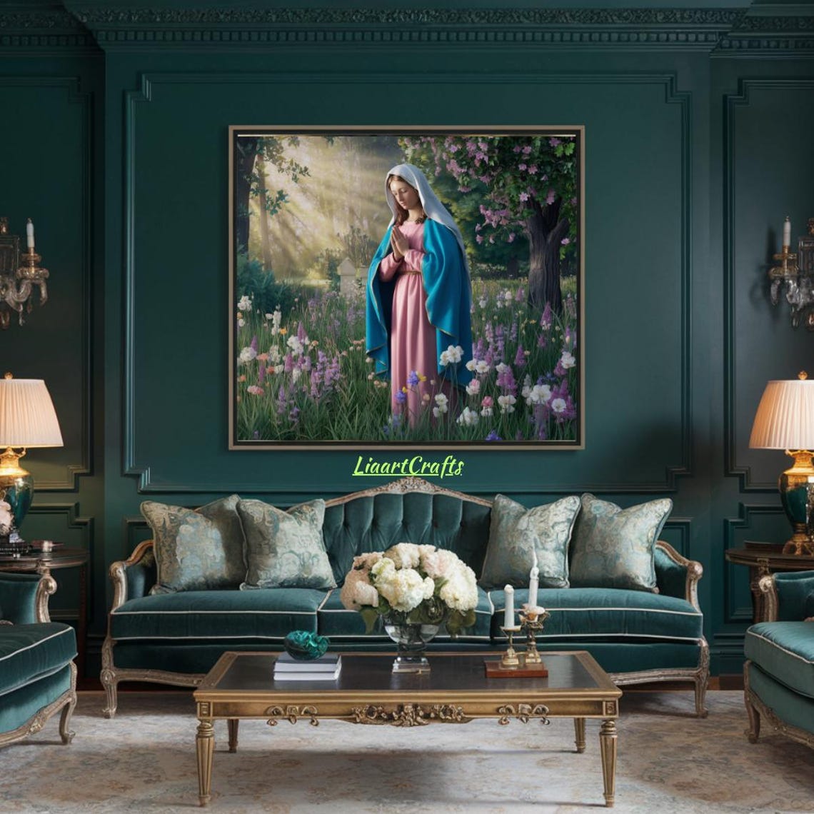 Virgin Mary Praying in a Blooming Flower Garden Devotional Wall Art - Image 4