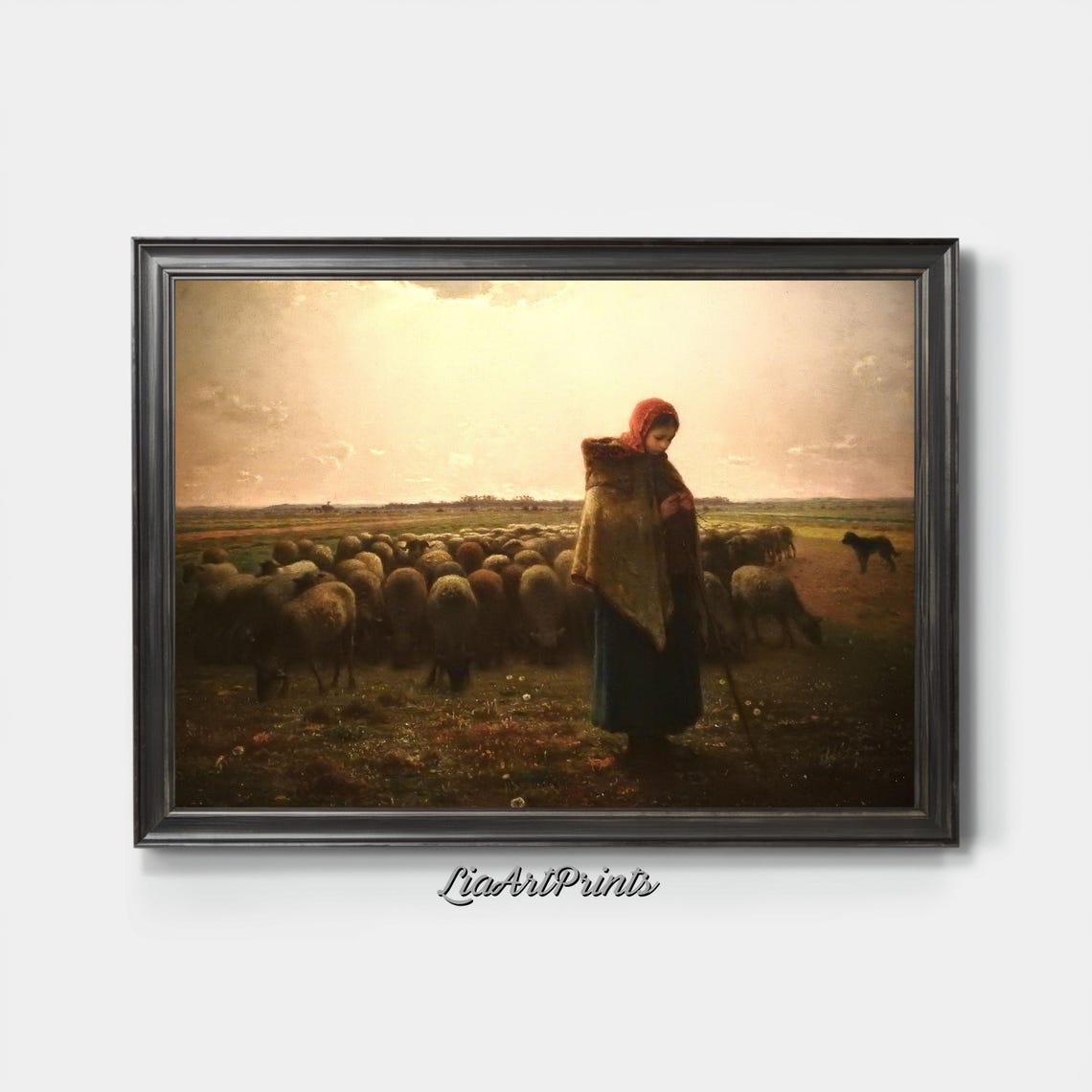 Shepherd At Sunset Wall Art Rustic Countryside Scene With Flock Artwork For Warm And Cozy Decor - Image 3