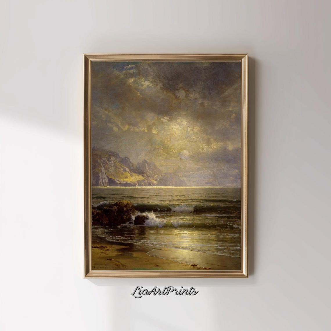Moonlit Seascape Night Ocean Waves Rocky Coast Golden Glow Poster - Image 3