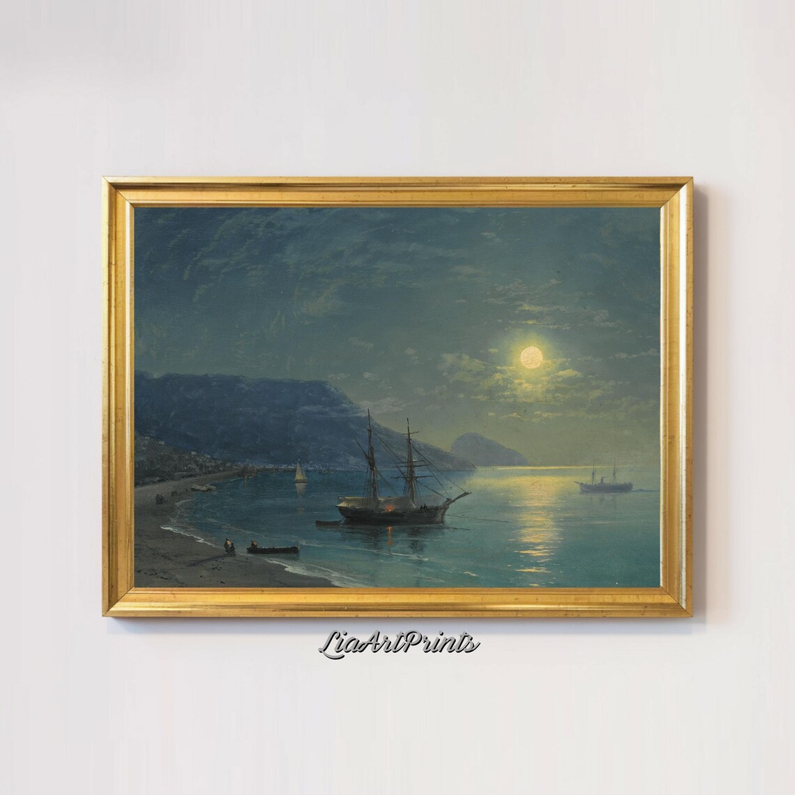 Moonlit Nautical Scene, Vintage Ship Under Moonlight - Image 3