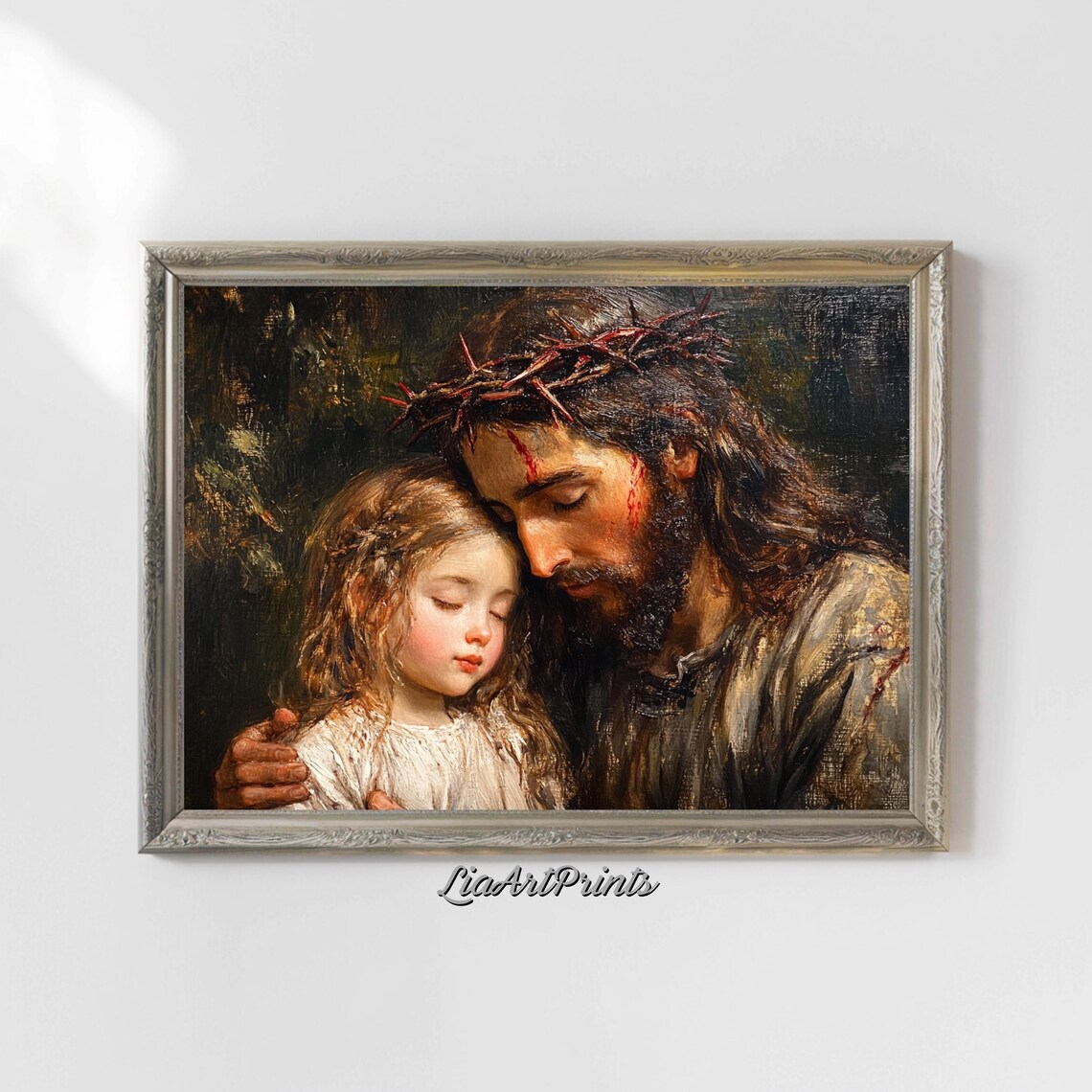 Jesus with Crown of Thorns Embracing Child Religious Oil Painting Poster - Image 4