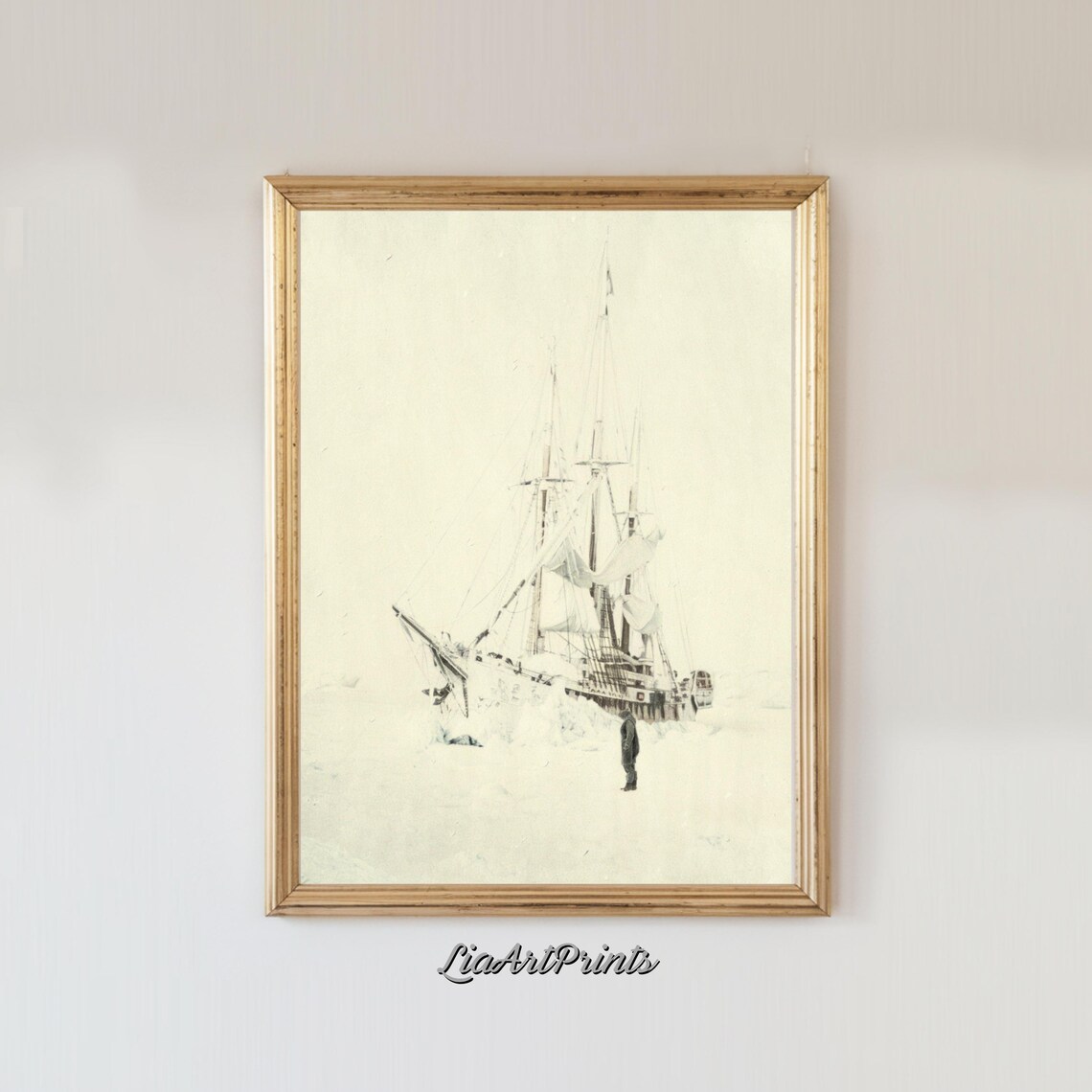Tall Ship in Snow and Fog with Lone Figure Vintage Ink Sketch Poster - Image 2